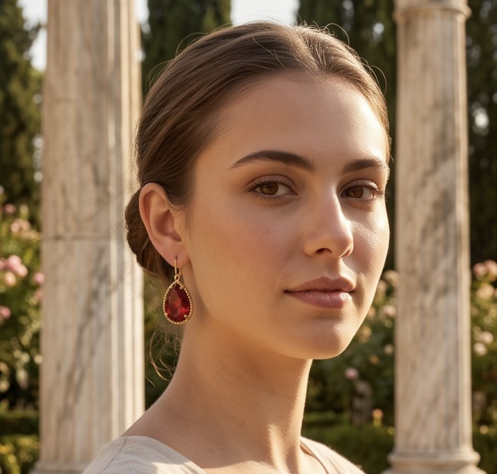 Giovanna - Magnificent classic design - 12.2 carat Kasmir Ruby .925 Sterling Silver dippedin 22K Gold handcrafted incredible Statement earrings - Side view of woman wearing Giovanna 12.2 carat red gemstone earrings.