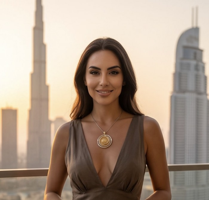 Dubai Style - Golden Rose .925 Sterling Silver dipped in 22K Gold handmade Pendant - Woman wearing Dubai Style - Golden Rose necklace with skyline backdrop