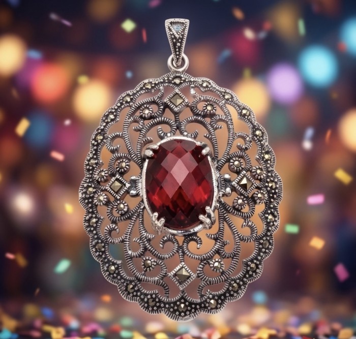 Vintage Style - Precious - Genuine 14.5 carat Ruby Marcasite Rhodium over .925 Sterling Silver handmade Pendant - Close-up of vintage ruby pendant with ornate marcasite detailing.