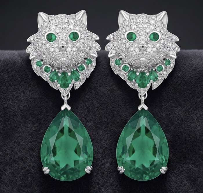 Elegant luxurious Cat 14.7 carat Colombian Emerald rhodium over .925 Sterling Silver handcrafted Statement earrings - Cat-shaped earrings with emeralds and diamonds, front view