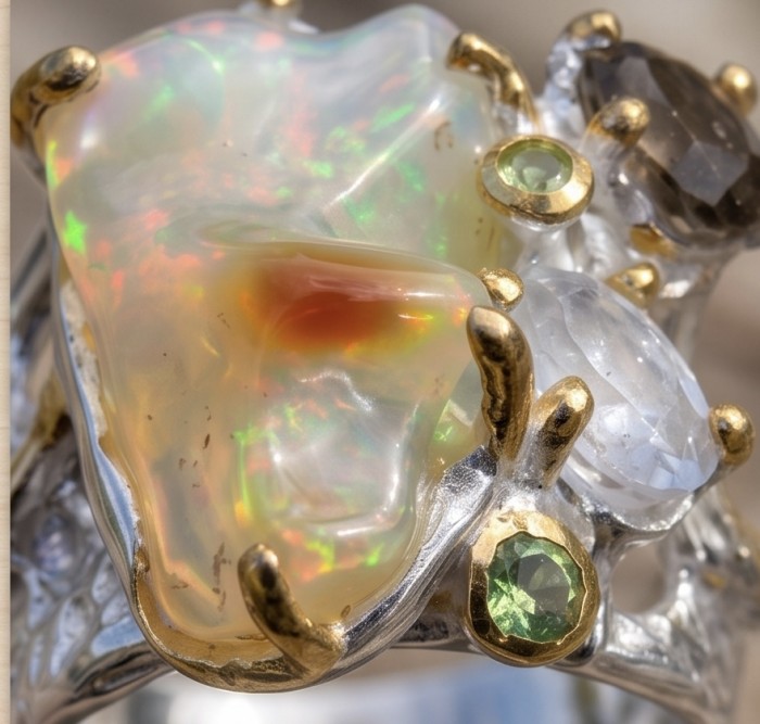ENDLESS OCEAN 11.8 ctw Genuine Rough Ethiopian Opal .925 Sterling Silver handmade Ring size 8 - Stone close-up of opal ring with mixed gemstones and gold accents