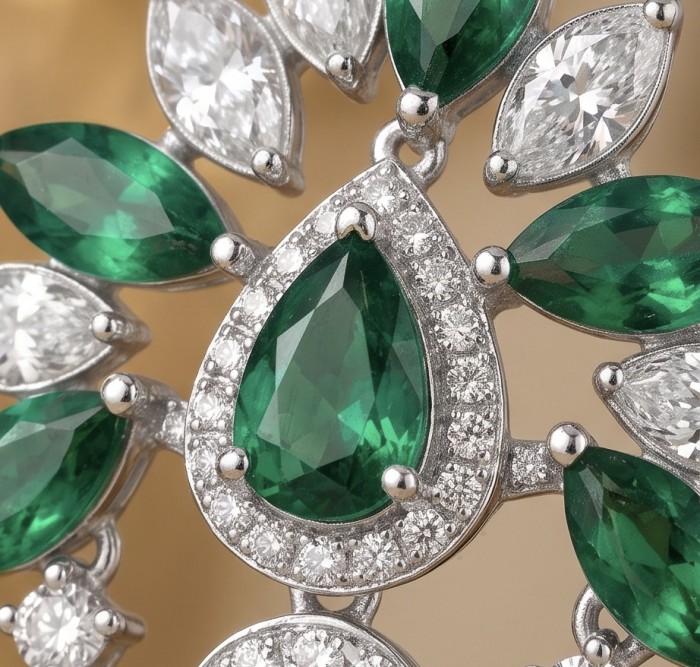 Giovanna - Authentic 8.5 CARAT natural Colombian Emerald .925 Sterling Silver handcrafted Statement earrings - Close-up of Colombian emerald and diamond detailing on jewelry.