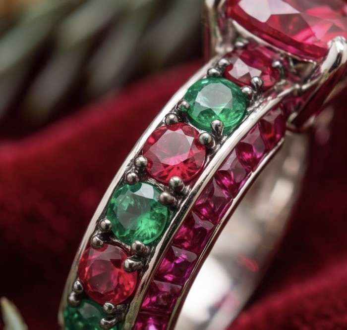 Exquisite 10.7 ctw Mozambique Ruby 3.5 carat Emerald .925 Sterling Silver dipped in Rhodium handcrafted Statement Ring size 8 - Ruby and emerald ring close-up with intricate prong setting.