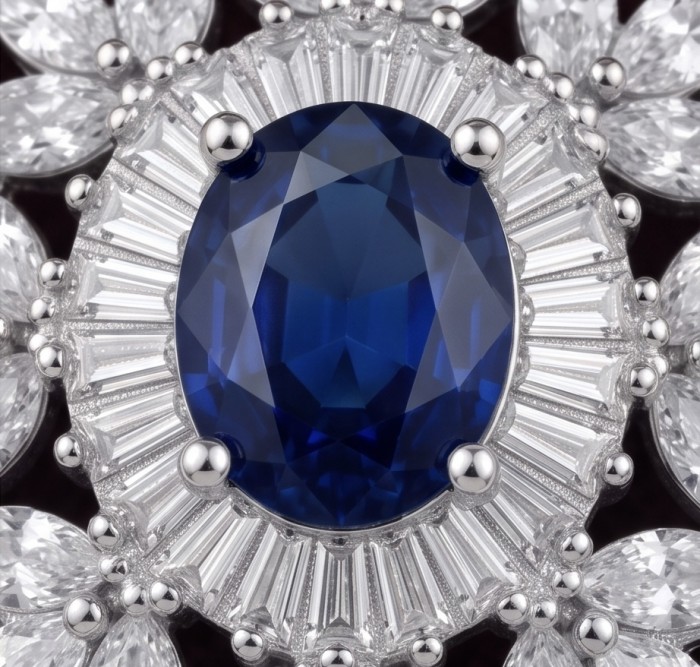 Classy design - baquette cut 6.7 carat natural Sapphire .925 Sterling Silver Perfectly handcrafted Ring s. 8 - Close-up of a sapphire ring with baguette-cut diamonds surrounding it.