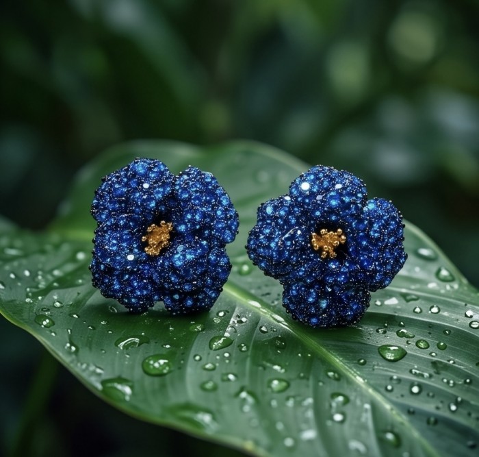 Amazonia - 8.8 carat pave Colombian Sapphire .925 Sterling Silver handmade Statement Earrings - Close-up of Amazonia sapphire earrings on a leaf with water droplets.