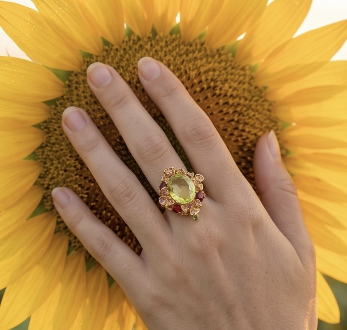 Costa del Sol 33.8 carat Genuine Lemon Quartz 22K Gold over .925 Sterling Silver handcrafted ring size 7 1/4 - Lemon Quartz ring on hand in front of sunflower, top view.