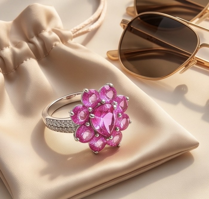 Anastasia 10.8 carat Pink Sapphire .925 Sterling Silver dipped in Rhodium Handcrafted Statement Ring size 7 - Close-up of pink sapphire ring on satin pouch with sunglasses nearby