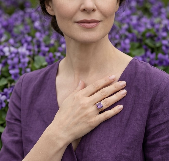 Peace 5.2 carat natural Amethyst 18K Rose Gold over .925 Sterling Silver Handcrafted Ring size 6 1/4 - Amethyst ring in 18K Rose Gold worn on hand, floral background.