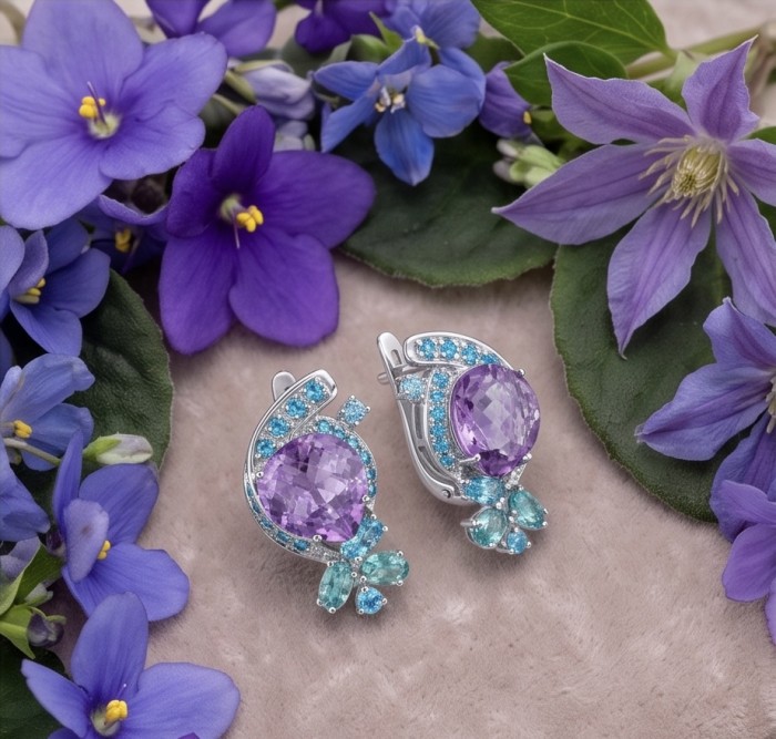 RARE BEAUTY! Valentina 18.9 carat Amethyst .925 Sterling Silver dipped in rhodium Statement handcrafted earrings - Amethyst earrings with flowers, top view, 18.9 ct, sterling silver.