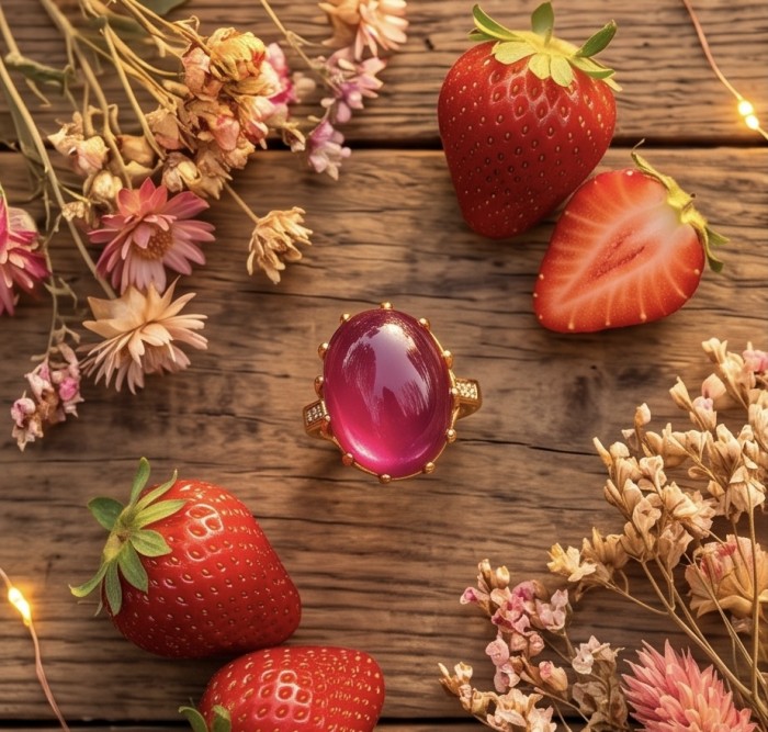 Abundant Blessings - Precious - Genuine 38.5 carat Star Ruby 18K Gold over .925 Sterling Silver handmade Ring size 7 - Ruby ring on wood with strawberries and dried flowers, top view.