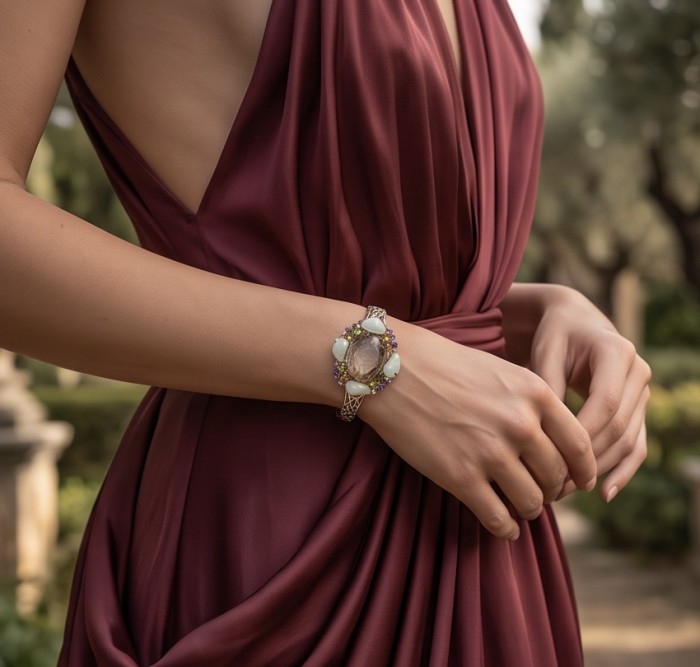 Golden Symphony 59.8 carat Genuine Champagne Topaz Rough Opal 2 tones .925 Sterling Silver dipped in Rhodium handcrafted bracelet - Golden Symphony bracelet, stone close-up, worn on wrist.