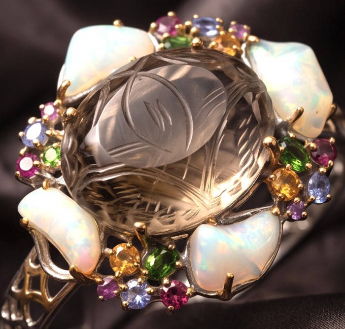 Golden Symphony 59.8 carat Genuine Champagne Topaz Rough Opal 2 tones .925 Sterling Silver dipped in Rhodium handcrafted bracelet - Close-up of Golden Symphony ring with champagne topaz and colorful gems