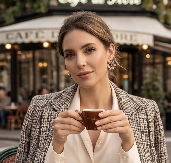 Masterpiece Authentic Pearl Enamel 18K Rose Gold over .925 Sterling Silver handcrafted earrings - Woman wearing Masterpiece earrings, front view, holding coffee.
