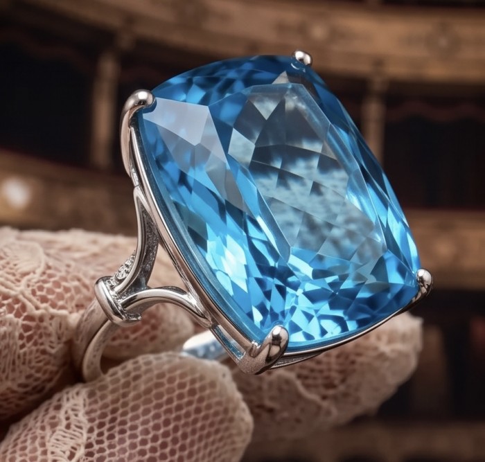 Pacifica - Authentic 22.8 carat Swiss Blue Topaz Rhodium over .925 Sterling Silver handcrafted Large Statement ring size 5 - Close-up of Pacifica ring showcasing Swiss Blue Topaz gemstone.