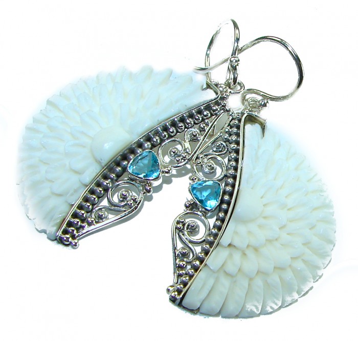Bli made carved ox's Bone Swiss .925 Sterling Silver handcrafted earrings - photo 3