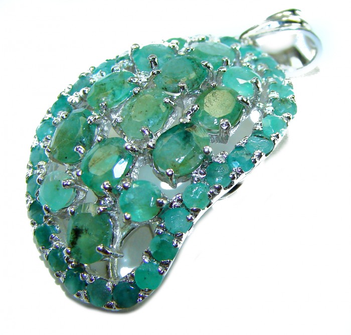 Spectacular 18.8 carat authentic Colombian Emerald .925 Sterling Silver handcrafted Pendant - Emerald pendant close-up showcasing stones and metalwork detail.