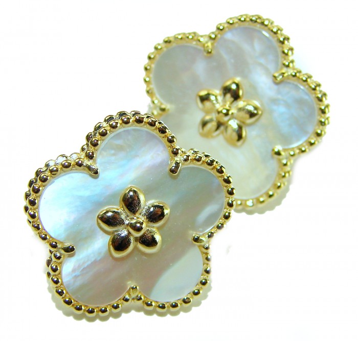 Genuine Blister Pearl 14K Gold over .925 Sterling Silver handcrafted Statement Earrings - Close-up of flower-shaped blister pearl earrings with gold trim