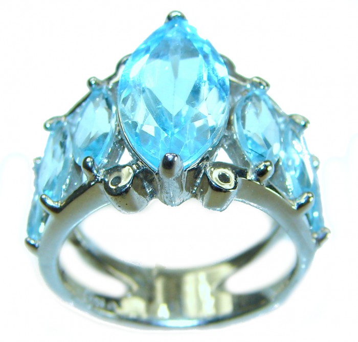 Atlantica 9.5 carat genuine Swiss Blue Topaz .925 Sterling Silver handmade Statement Ring size 7 1/4 - Close-up of Atlantica Swiss Blue Topaz ring with sterling silver band