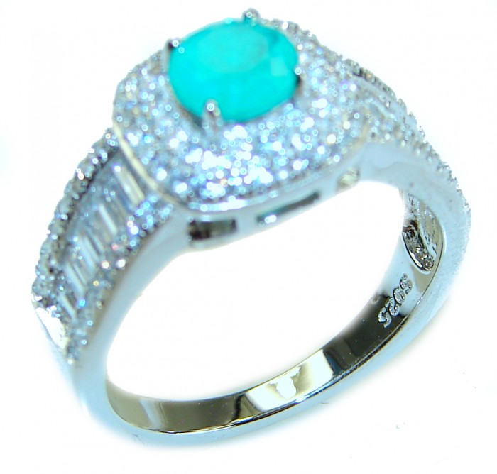 Round Cut 1.8 ctw Paraiba Tourmaline .925 Sterling Silver handcrafted Statement Ring size 8 - Side view of round cut Paraiba Tourmaline ring in sterling silver.