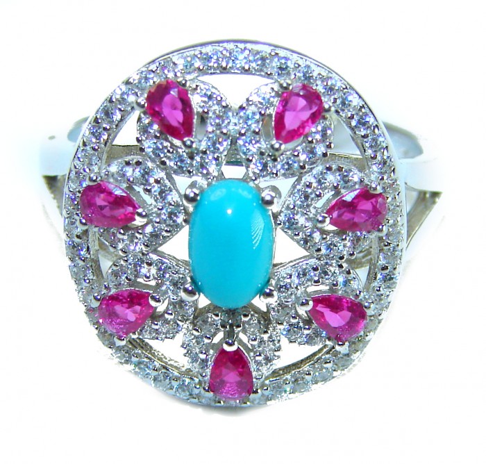 Serenity- 3.5 carat genuine Blue Turquoise 2.5 carat Ruby .925 Sterling Silver handmade Statement ring s. 7 3/4 - Close-up of Serenity ring with blue turquoise and ruby stones.