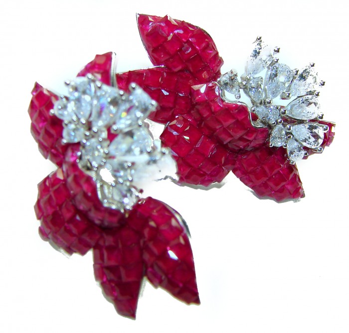 Giovanna - Authentic 19.9 carat Ruby .925 Sterling Silver handcrafted earrings - Ruby and diamond floral earrings, side view close-up.
