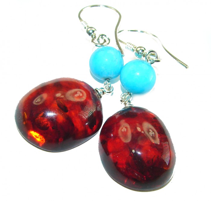 Golden Honey Drops authentic Baltic Amber .925 Sterling Silver earrings - Close-up of amber and turquoise earrings with sterling silver hooks.