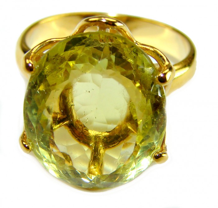Solid 11.8 carat Genuine Lemon Quartz 14K Gold over .925 Sterling Silver handcrafted ring size 6 - Close-up of lemon quartz ring set in 14K gold over silver.