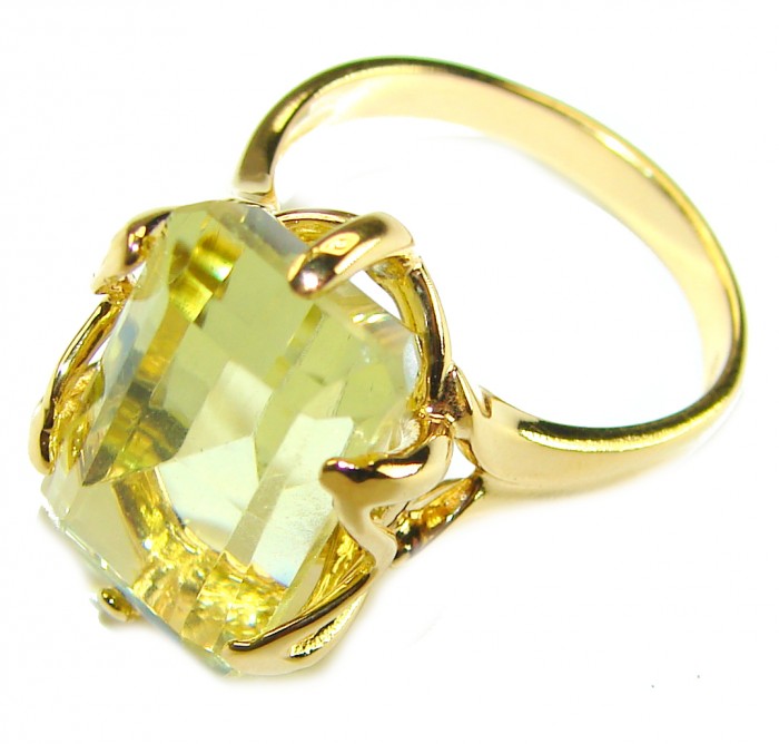 Solid 14.8 carat Genuine Lemon Quartz 14K Gold over .925 Sterling Silver handcrafted ring size 7 1/4 - Lemon Quartz ring, 14K gold, side view, 14.8 carats