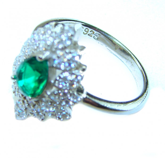 Vintage style - Timless Beauty 6.5 carat Emerald .925 Sterling Silver handcrafted Statement ring size 6 3/4 - Side view of vintage-style ring with emerald and diamond accents.