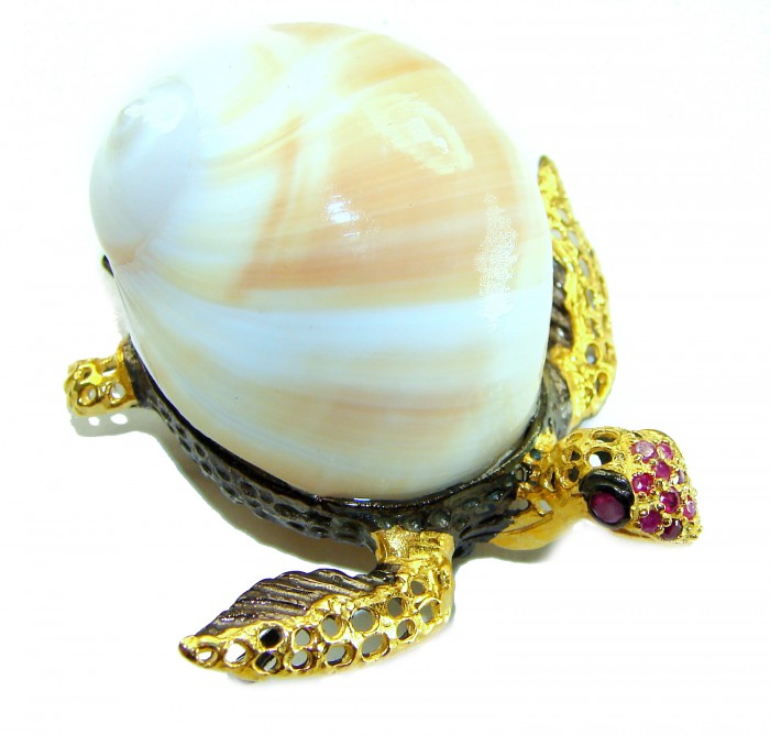 Good health and Long life Big Turtle Genuine Ocean Shell Ruby 14K Gold over .925 Sterling Silver handcrafted brooch - Turtle jewelry with ocean shell, side view showing gold details