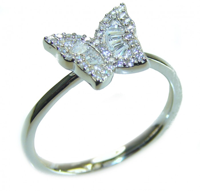 Butterfly natural 4.5 carat White Topaz .925 Sterling Silver handmade Statement Ring size 8 - Butterfly ring with white topaz on sterling silver, side view.