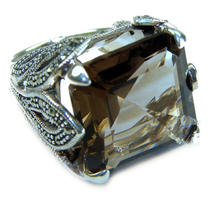 Celestial Energy 15.5 carat Champagne Smoky Topaz .925 Sterling Silver Oversized Ring size 7 1/4 - Close-up of 15.5 carat Champagne Smoky Topaz ring in silver setting.