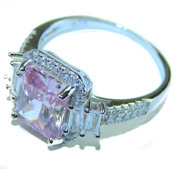 Real Diva baguette cut Pink Kunzite .925 Silver handcrafted Cocktail Ring s. 9 - Side view of pink kunzite ring in .925 silver with baguette accents.