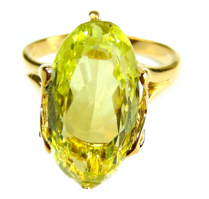 Solid 14.8 carat Genuine Lemon Quartz 18K Gold over .925 Sterling Silver handcrafted ring size 9 - Close-up of 14.8 carat lemon quartz ring in 18K gold over silver.
