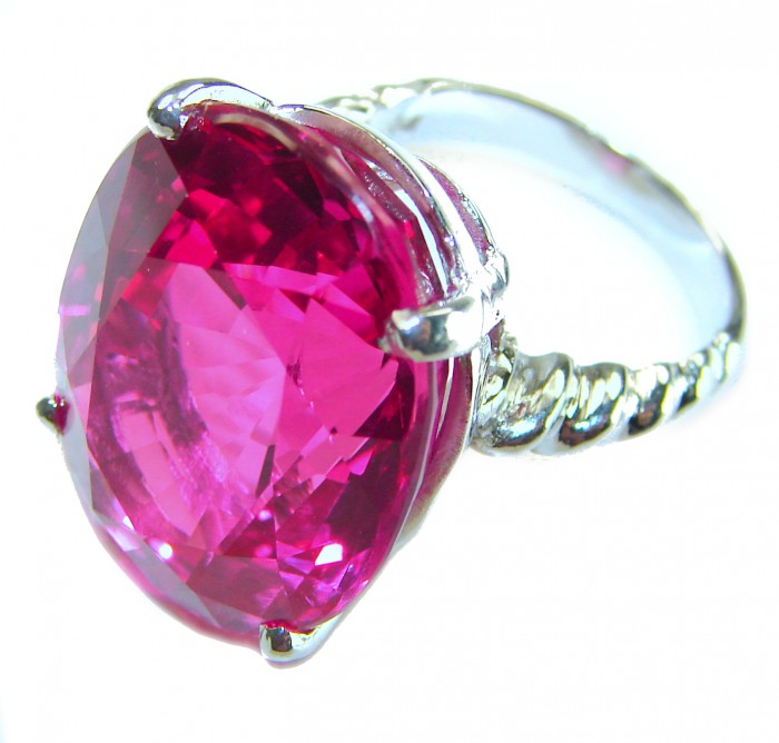 Blooming Beauty oval cut 28.8 carat Pink Sapphire .925 Silver handcrafted Cocktail Ring s. 5 1/4 - Side view of Blooming Beauty oval 28.8 carat pink sapphire ring.