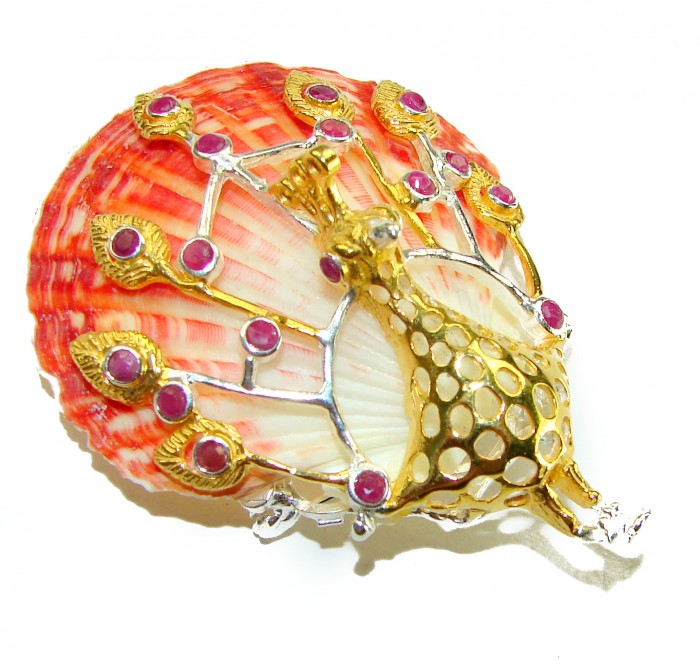 Greaceful Peacock Genuine Ocean Shell Ruby 14K Gold over .925 Sterling Silver handcrafted Pendant brooch - Peacock shell brooch with rubies, gold detail, front angled view.