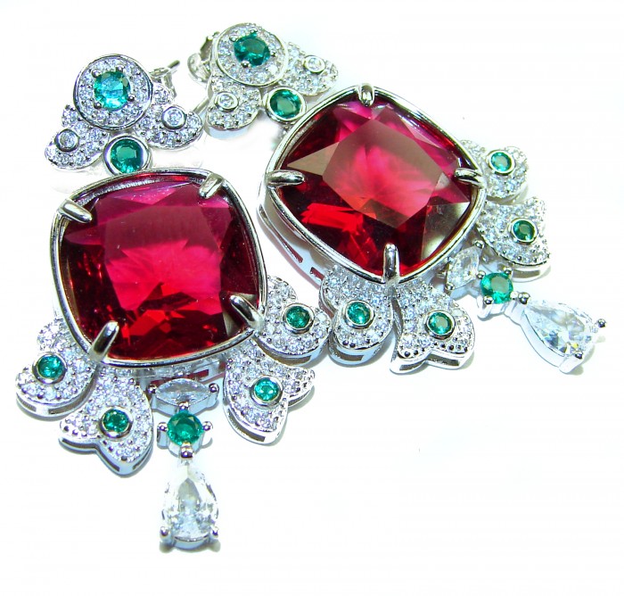 Art Deco - Luxurious natural 14.5 carat Ruby .925 Sterling Silver handmade Statement earrings - Close-up of Art Deco sterling silver earrings with rubies and emeralds.