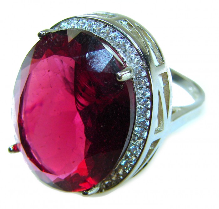 Raspberry Kisses Genuine 29.8 CARAT Red TOPAZ .925 Sterling Silver Large Statement Ring size 6 3/4 - Side view of Raspberry Kisses genuine red topaz ring with sterling setting