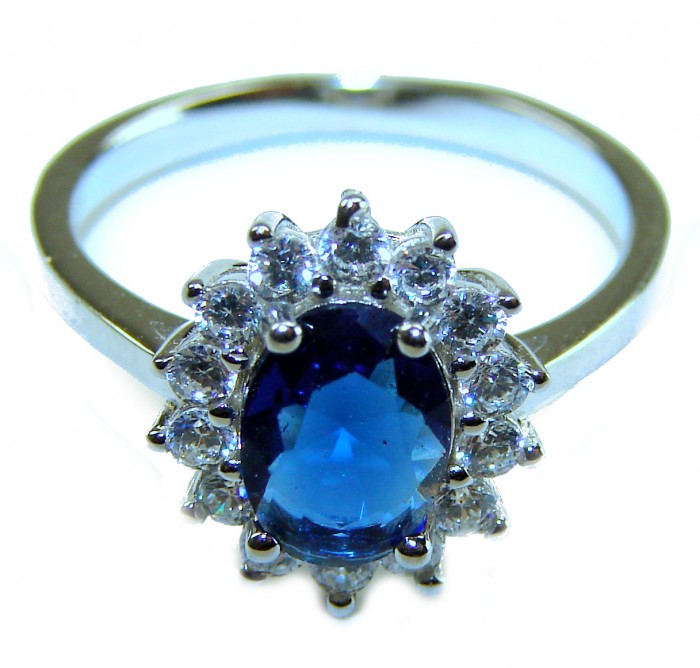 Gabriella 4.2 carat authentic Sapphire .925 Sterling Silver Eternity Ring size 7 - Close-up of Gabriella 4.2 carat sapphire ring with sterling silver setting.