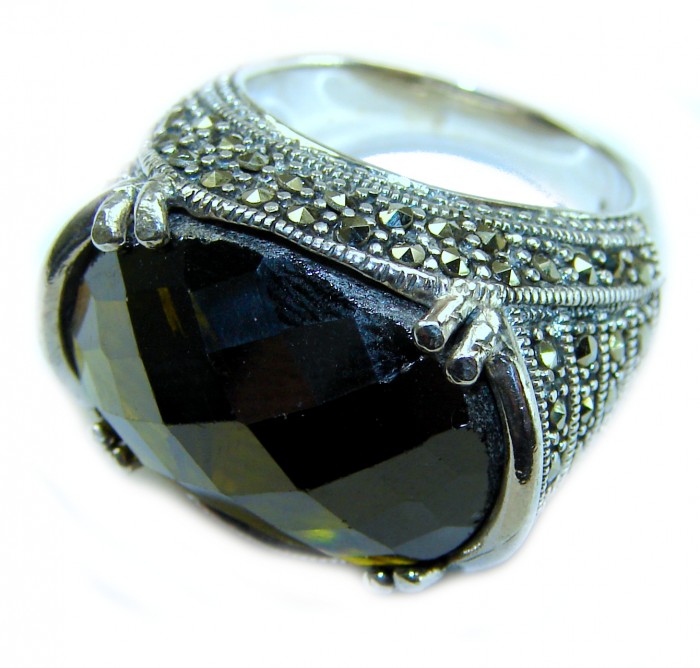 Green Royalty - Huge 28.5 carat Green Tourmaline .925 Sterling Silver handcraftedv STATEMENT ring; s. 7 1/4 - Close-up of Green Tourmaline ring in .925 sterling silver setting.