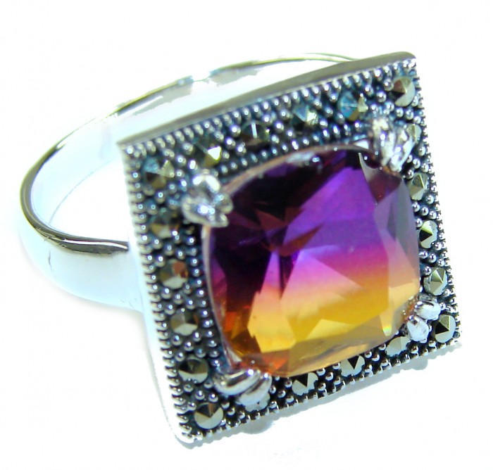 7.5 carat Ametrine Marcasite .925 Sterling Silver HANDCRAFTED Ring s. 8 - Close-up of Ametrine Marcasite Sterling Silver ring, square-cut stone.
