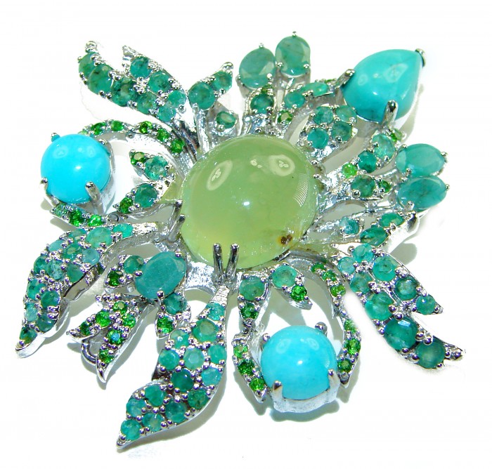 Gabriella 55.8 carat Colombian Emerald Prehnite Rhodium over .925 Sterling Silver handmade Pendant Brooch - Emerald and prehnite brooch, top view, showing intricate gemstone details.