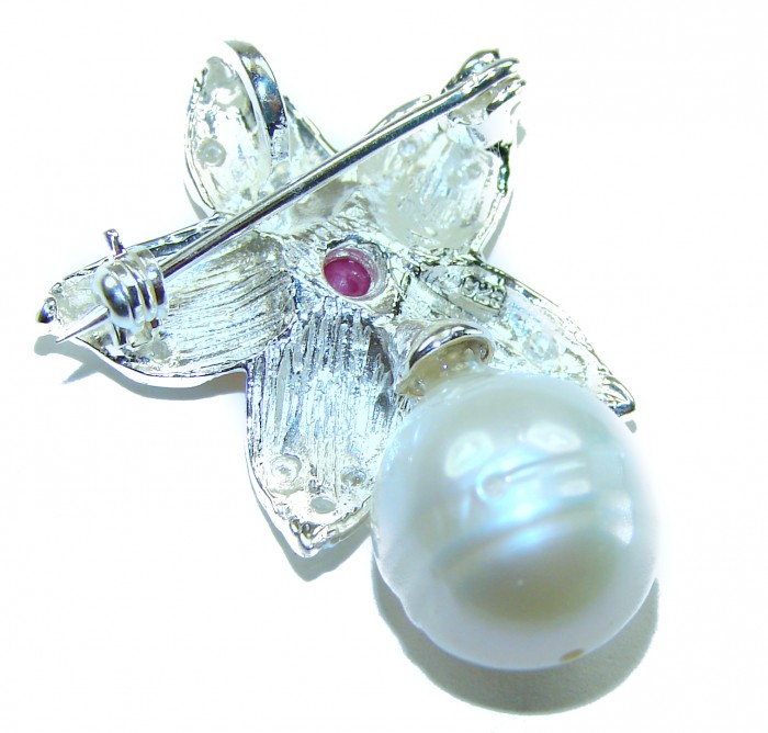 Genuine Pearl Ruby 14K Gold .925 Sterling Silver handmade Pendant Brooch - Back view of pearl and ruby silver brooch with clasp detail.