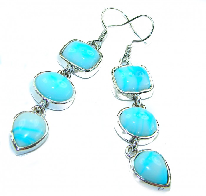 Precious Blue Larimar .925 Sterling Silver handmade earrings - Blue Larimar earrings, front view, showcasing stones and silver setting.