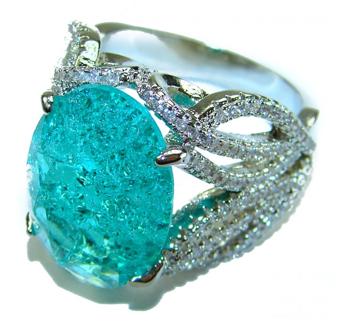 Ocean 14.5 carat Paraiba Tourmaline .925 Sterling Silver Handcrafted Ring size 8 1/4 - Close-up of Ocean Paraiba Tourmaline ring in sterling silver setting.