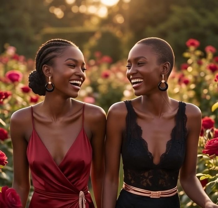 Outstanding authentic Onyx .925 Sterling Silver dipped in 18K Rose Gold Earrings - Two women wearing Onyx .925 Sterling Silver earrings in a garden setting.