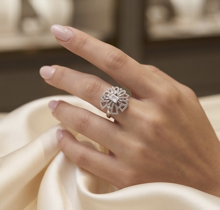 Isabella authentic 6.8 carat White Topaz .925 Sterling Silver handcrafted ring size 8 - Isabella 6.8 carat White Topaz ring worn on hand, close-up view.