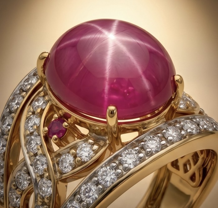 Giovanna Genuine 14.5 CARAT Star Ruby 22K Gold over .925 Sterling Silver Statement Ring size 7 - Close-up of star ruby ring with diamonds in gold setting