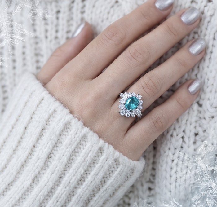 Wonderland 4.5 carat Brazilian Paraiba Tourmaline .925 Sterling Silver Handcrafted Ring size 8 - Paraiba tourmaline ring on hand, showcasing stone and setting.