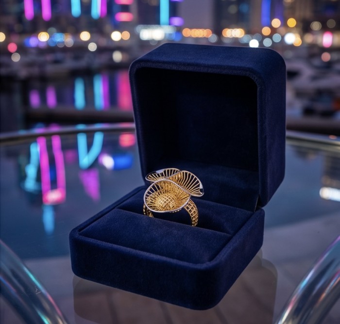 Dubai Style - .925 Sterling Silver dipped in 22K Gold handmade Large ring size 10 1/4 - Gold-dipped sterling silver ring in box, nightlife backdrop.